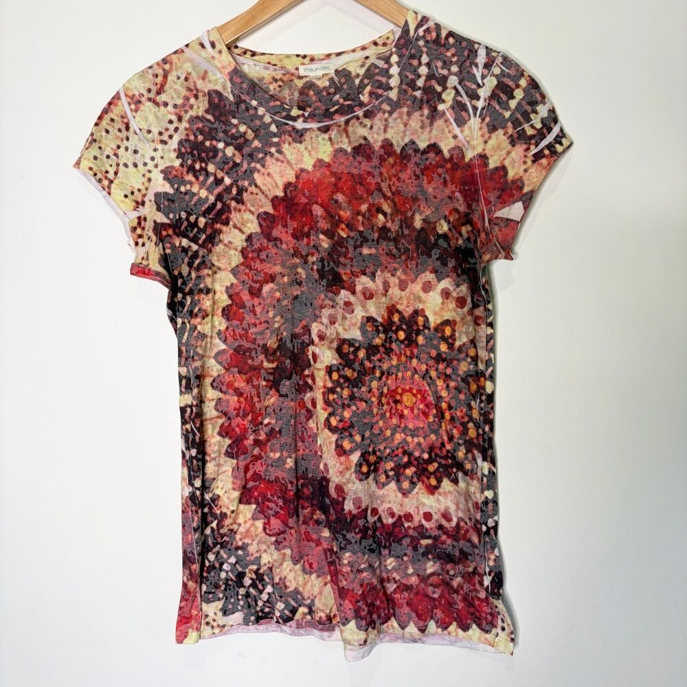 Maurices Y2K T-Shirt Top Crinkle Sheer Thin Burnout Tie-Dye Red Brown Women L